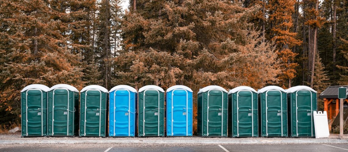 Row of green, blue portable chemical toilets in the forest at national park